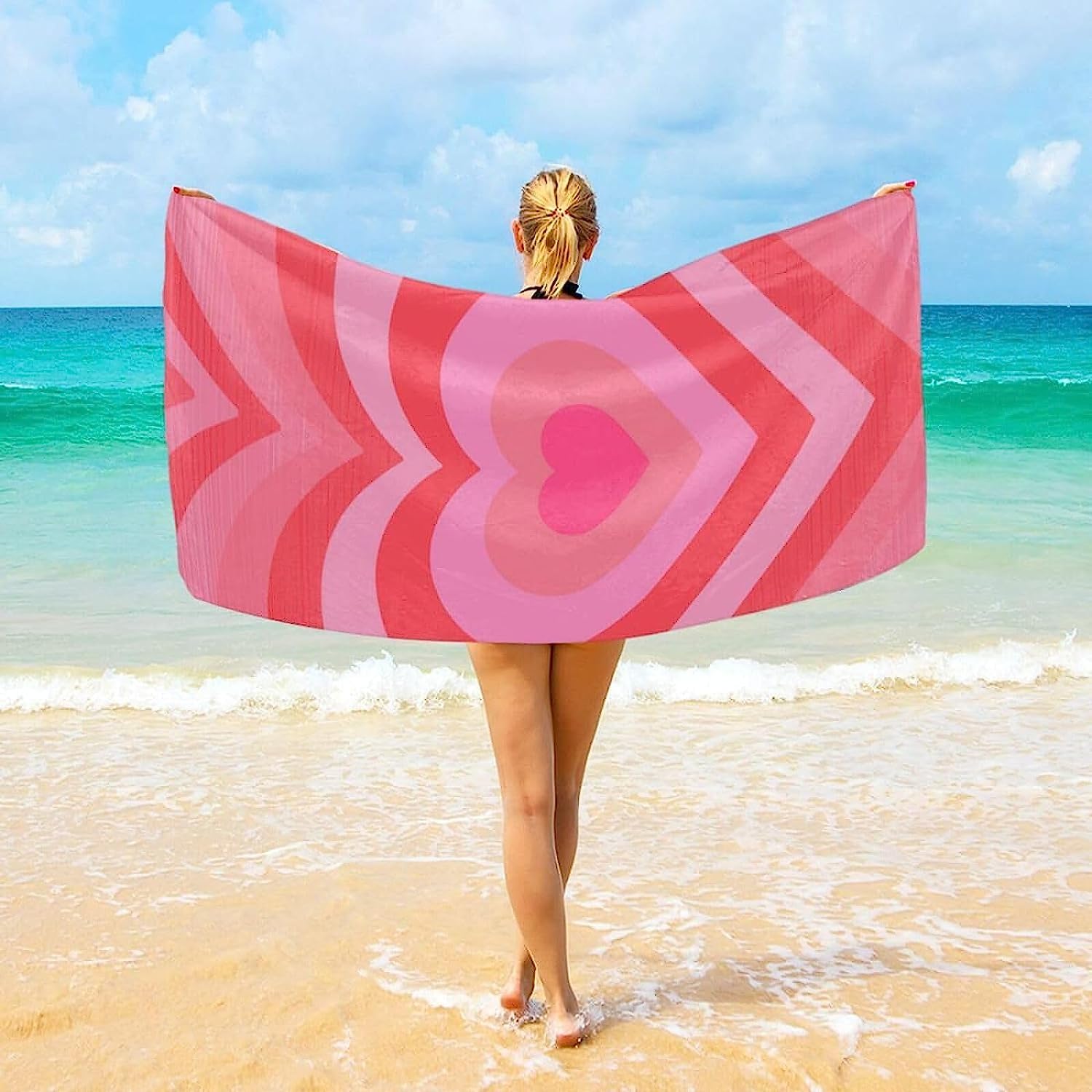 Microfibre Beach Towel 3D Pink Heart 70 X 150 Cm Sand Free
